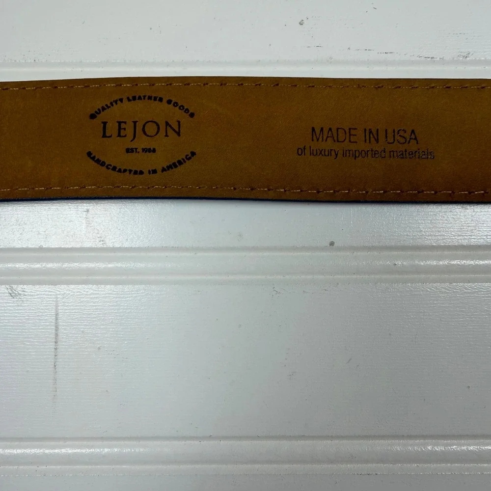 Lejon Mens Aniline Glove Leather Belt Tan Brown Blue Stitching USA Made Size 38